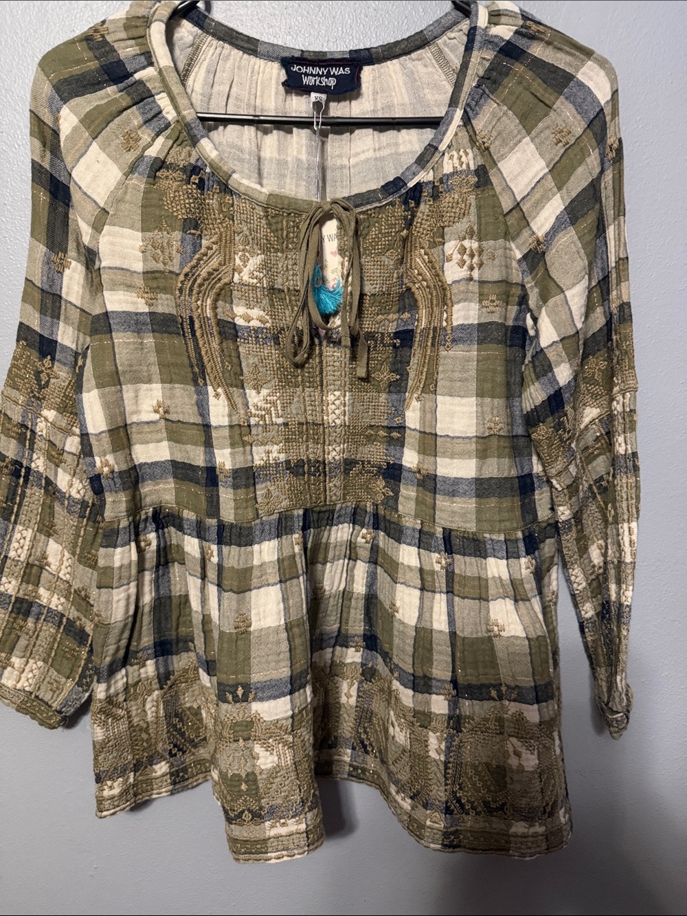 Johnny Was Olive and Cream Plaid Peasant Tunic with Embroidery